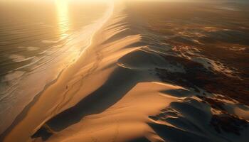 Sand Düne, Sonnenuntergang, Küste, Wasser, still Szene, tropisch Klima, Betrachtung generiert durch ai foto