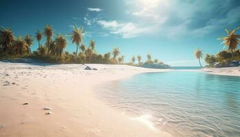 idyllisch tropisch Küste, Palme Baum, Türkis Gewässer, Sonnenuntergang Schönheit generiert durch ai foto