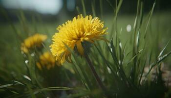 Grün Gras, Löwenzahn Blume, Gelb Wiese, Frühling Wachstum, Single Gänseblümchen generiert durch ai foto