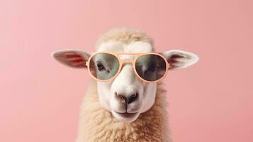 Porträt von komisch Ziege tragen Sonnenbrille auf Rosa Hintergrund foto
