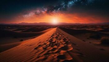 Sand Düne Landschaft beim Sonnenuntergang, draußen im trocken Afrika extrem Terrain Reise Abenteuer generiert durch ai foto