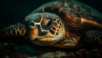 ein langsam, groß Schildkröte Schwimmen im das Blau unter Wasser Welt generiert durch ai foto