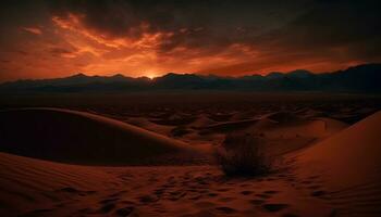 Sand Düne Landschaft, Sonnenuntergang draußen, trocken Hitze, Berg extrem Terrain generiert durch ai foto