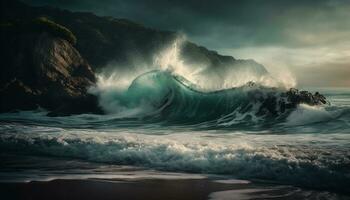 brechen Wellen Absturz auf das Küste, planschen im das Sonnenuntergang generiert durch ai foto