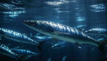 majestätisch unter Wasser Natur Fisch Schwimmen im still Blau Meer generiert durch ai foto