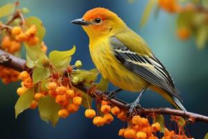 schön Gelb und Blau Vogel auf ein Ast von ein blühen Baum foto
