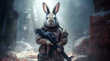 Hase Jäger mit Gewehr im schneebedeckt Wald foto