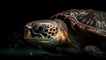 schließen oben von ein süß Schildkröte Schwimmen unter Wasser generiert durch ai foto