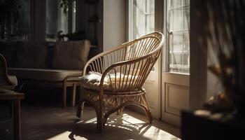 gemütlich, elegant Leben Zimmer mit modern Möbel und rustikal Holz generiert durch ai foto