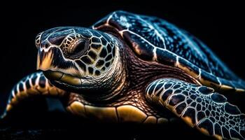 ein schleppend Schwimmen Schildkröte im das Blau Unterwasser, und konzentriert generiert durch ai foto