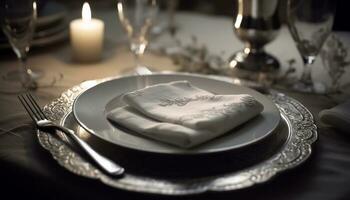 Luxus Tabelle Rahmen mit elegant Besteck, Kerzenlicht, und exquisit Küche generiert durch ai foto