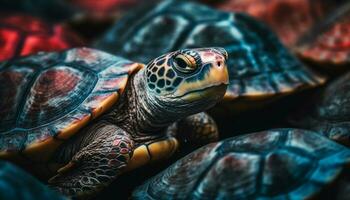 ein langsam, süß Schildkröte kriecht unter Wasser im ein tropisch Teich generiert durch ai foto