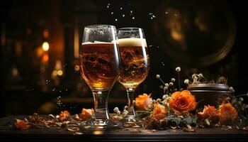 Feier Tabelle mit Wein Glas, Holz, und Gelb Herbst Blatt generiert durch ai foto