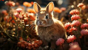 süß flauschige Hase Sitzung im das Gras, umgeben durch Blumen generiert durch ai foto