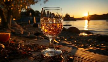 Sonnenuntergang trinken draußen, Alkohol auf Tisch, Wein im Natur Dämmerung generiert durch ai foto