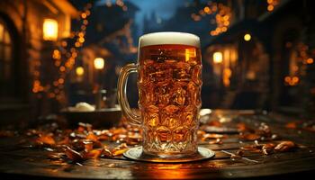schaumig Bier Glas auf hölzern Tisch, ein erfrischend Feier generiert durch ai foto