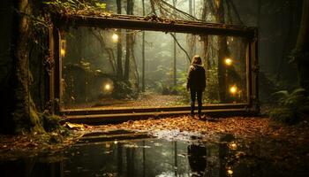 ein einsam Zahl Spaziergänge durch das dunkel Wald beim Dämmerung generiert durch ai foto