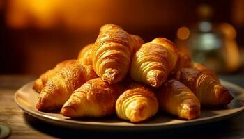 frisch gebacken Croissant, ein Süss und nachsichtig Französisch Frühstück Freude generiert durch ai foto