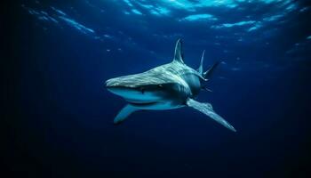 majestätisch Delfin Schwimmen im tief Blau Meer, präsentieren natürlich Schönheit generiert durch ai foto