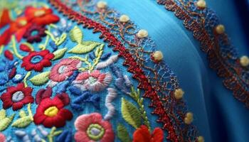 beschwingt Seide Kleid mit aufwendig Stickerei Vitrinen Osten asiatisch Kultur generiert durch ai foto