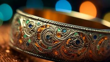 glänzend Metall Schmuck, beschwingt Farben, elegant Handwerk, indisch kulturell Feier generiert durch ai foto