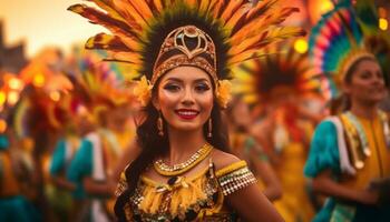 lächelnd Frauen Tanzen im Brasilianer Kultur, traditionell Kleidung Parade, Samba Tanzen Spaß generiert durch ai foto