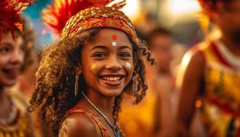 lächelnd Frauen genießen traditionell Festival, Tanzen draußen im bunt Kleidung generiert durch ai foto