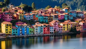 multi farbig die Architektur spiegelt im das Wasser, Natur beschwingt Panorama generiert durch ai foto
