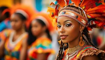 lächelnd Frauen im traditionell Kleidung Tanzen beim ein bunt Parade generiert durch ai foto