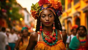 lächelnd jung Frauen im traditionell Kleidung feiern Brasilianer Kultur draußen generiert durch ai foto