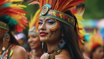 lächelnd jung Frauen Tanzen im bunt Brasilianer traditionell Festival Parade generiert durch ai foto