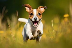 Jack Russell Terrier Hund Laufen im das Gras auf ein sonnig Tag, Jack Russell Terrier Hund im ein Auto auf das Straße, ai generiert foto