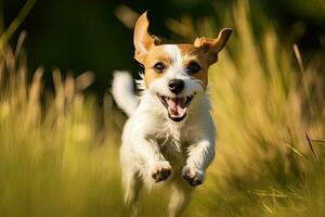 Porträt von ein süß Jack Russell Terrier Laufen im das Gras, Jack Russell Terrier Hund im ein Auto auf das Straße, ai generiert foto