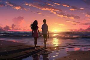 glücklich jung Paar Gehen auf das Strand beim Sonnenuntergang. 3d Wiedergabe, Kunst ein intim Anime Bild von das jung Junge und Mädchen auf das Strand, ai generiert foto