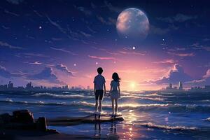 Paar Stehen auf das Strand und suchen beim das Meer beim Nacht, Kunst ein intim Anime Bild von das jung Junge und Mädchen auf das Strand, ai generiert foto