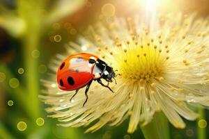 Marienkäfer auf ein Löwenzahn Blume im das Sonne Strahlen, Marienkäfer auf Löwenzahn Blume Nahaufnahme. Natur Hintergrund, ai generiert foto