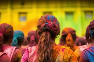 unbekannt Menschen beim holi Festival im Kalkutta, holi ist einer von das größte Feste im Indien, indisch Menschen Rückseite Aussicht feiern das holi Festival im Indien. bunt holi Hintergrund, ai generiert foto