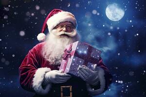 Santa claus halten Geschenk Box und voll Mond Hintergrund. generativ ai. foto