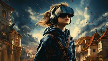 ein jung Mädchen tragen erweitert Wirklichkeit Brille im ein Computer Spiel im das virtuell Welt foto