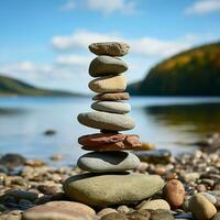 Küsten Steinhaufen Steine vereinbart worden im ein Strand Pyramide, ein still und natürlich Monument zum Sozial Medien Post Größe ai generiert foto