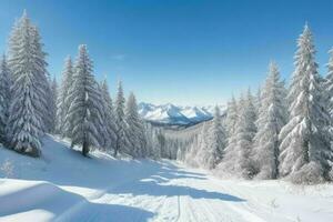 Winter mit frisch Schnee bedeckt Wälder und Berge. Hintergrund. ai generativ Profi Foto
