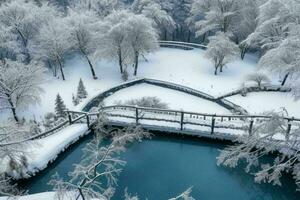 Winter beim das Garten, zeigen ein Brücke Über gefroren Wasser und Bäume bedeckt mit Schnee. Hintergrund. ai generativ Profi Foto