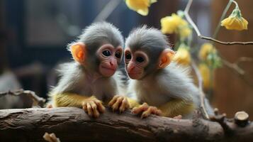 Foto von herzzerreißend zwei Eichhörnchen Affen mit ein Betonung auf Ausdruck von Liebe. generativ ai