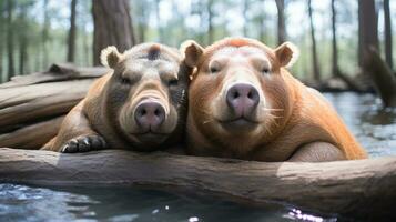 Foto von herzzerreißend zwei Wasserschweine mit ein Betonung auf Ausdruck von Liebe. generativ ai
