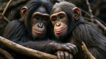 Foto von herzzerreißend zwei Schimpansen mit ein Betonung auf Ausdruck von Liebe. generativ ai