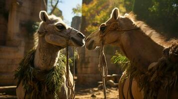 Foto von herzzerreißend zwei Kamele mit ein Betonung auf Ausdruck von Liebe. generativ ai