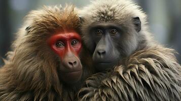 Foto von herzzerreißend zwei Paviane mit ein Betonung auf Ausdruck von Liebe. generativ ai