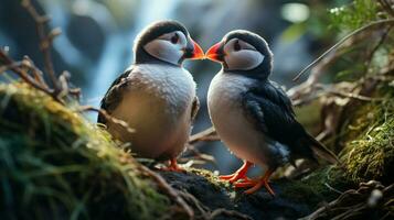 Foto von herzzerreißend zwei atlantisch Papageientaucher mit ein Betonung auf Ausdruck von Liebe. generativ ai