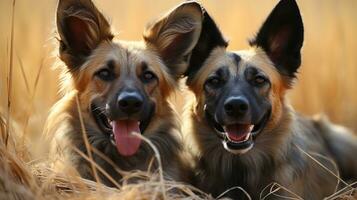 Foto von herzzerreißend zwei afrikanisch wild Hunde mit ein Betonung auf Ausdruck von Liebe. generativ ai