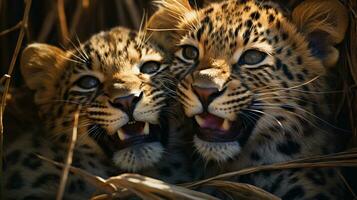 Foto von herzzerreißend zwei afrikanisch Leoparden mit ein Betonung auf Ausdruck von Liebe. generativ ai